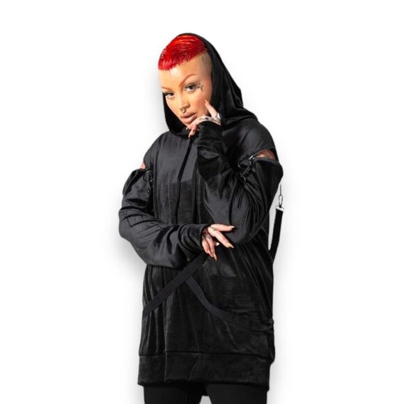 Black Velvet Long Sleeve Zipper Harness Hooded Pullover Hoodie Killstar NEW - Picture 4 of 4